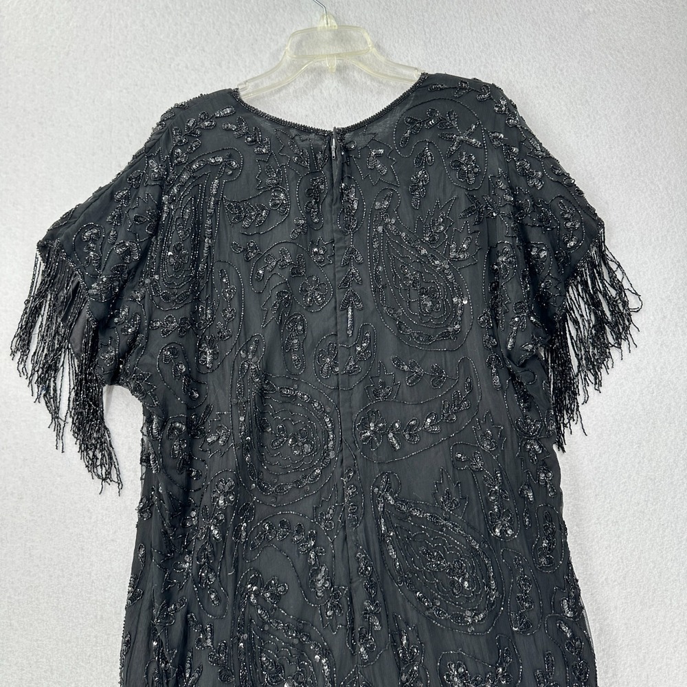 Silk Evening Dress Fully Beaded Tassle Short Sleeve Flapper Womens Large Black - Picture 3 of 8